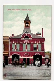Center Fire Station, Malden, Mass., Showing Horse-Drawn Fire Engines and Architectural Details