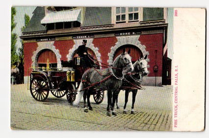 Fire Truck with Two Horses, Fire Station, Central Falls, R.I. Colorized Early 20th Century