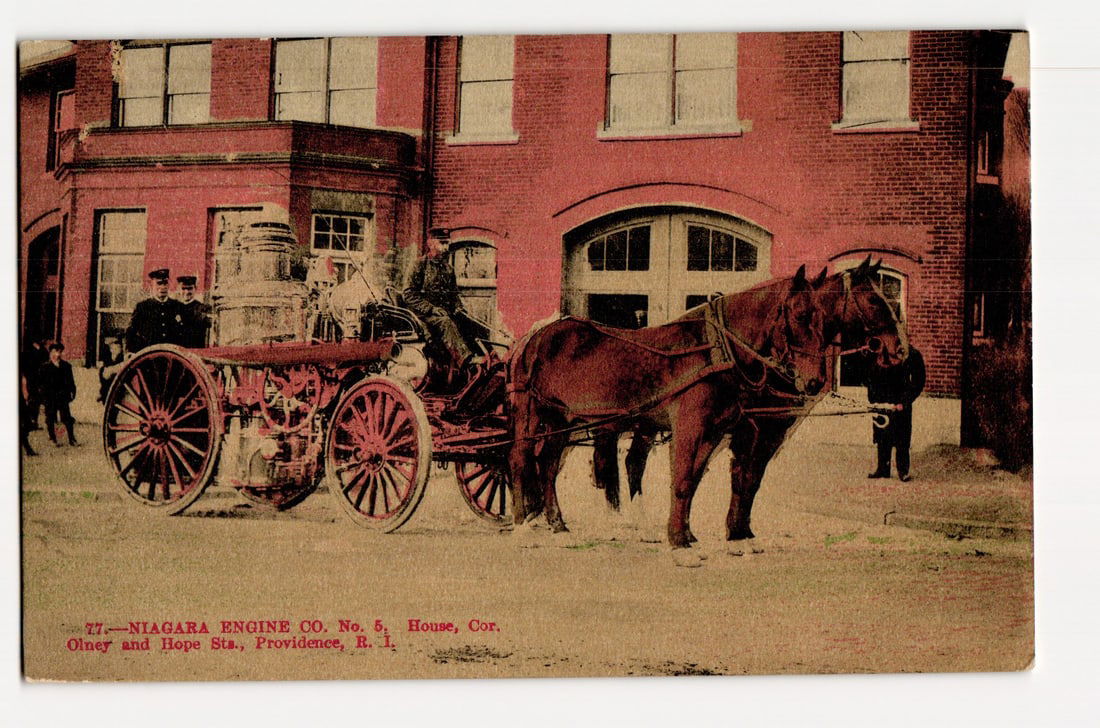 Providence, R.I.: Niagara Engine Co. No. 5, Horse-Drawn Steam Pumper at Firehouse, c. 1907 (1 of 2)