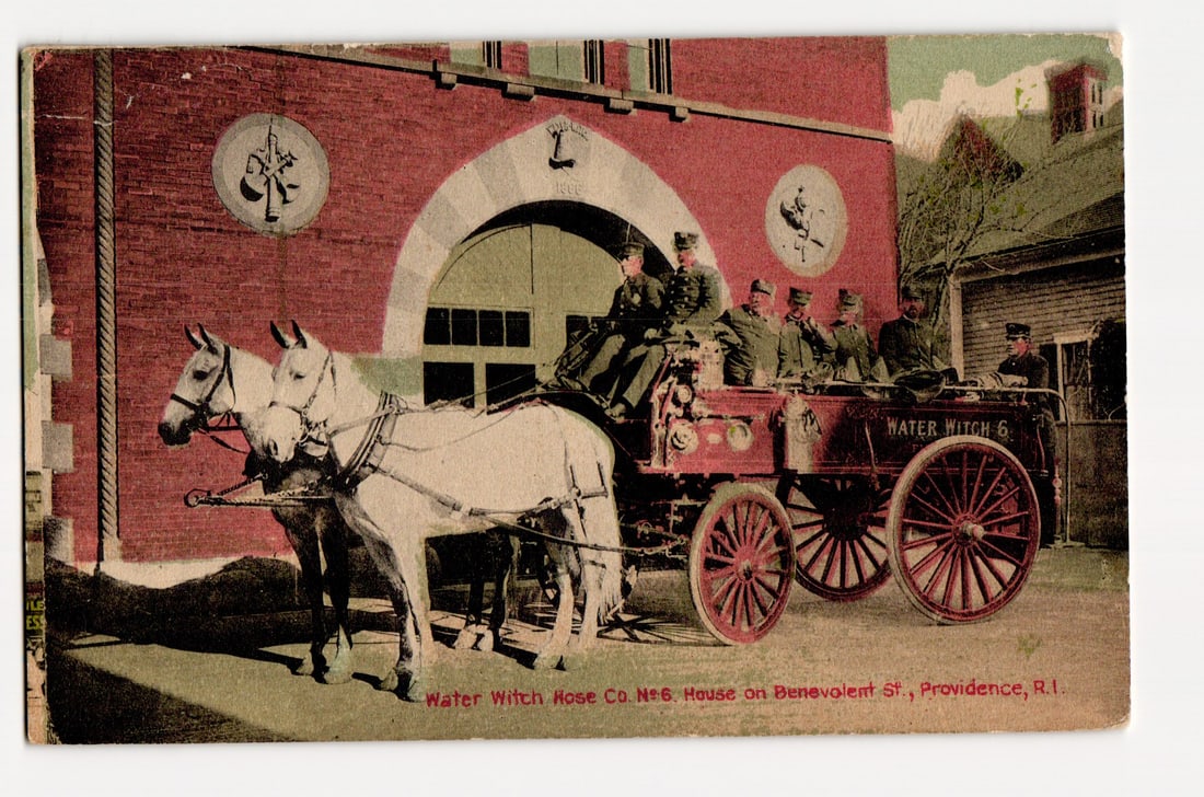 Water Witch Hose Co. No. 6, Providence, R.I. Horse-Drawn Fire Apparatus Postcard, circa 1898: A colorized lithograph postcard. The image shows the Water Witch Hose Co. No. 6 fire apparatus, a horse-drawn wagon labeled "WATER WITCH 6," before a red brick fire station. Two light-colored horses p
