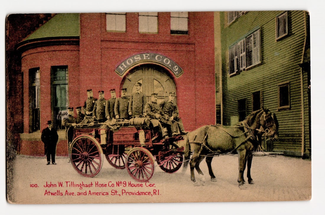 Providence, R.I. Hose Co. No. 9 Horse-Drawn Wagon, ca. 1896. Colorized Photograph Postcard. (1 of 2)