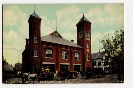 Engine and Ladder #3, East Manchester, N.H. Fire Station, Horse-Drawn Apparatus Postcard