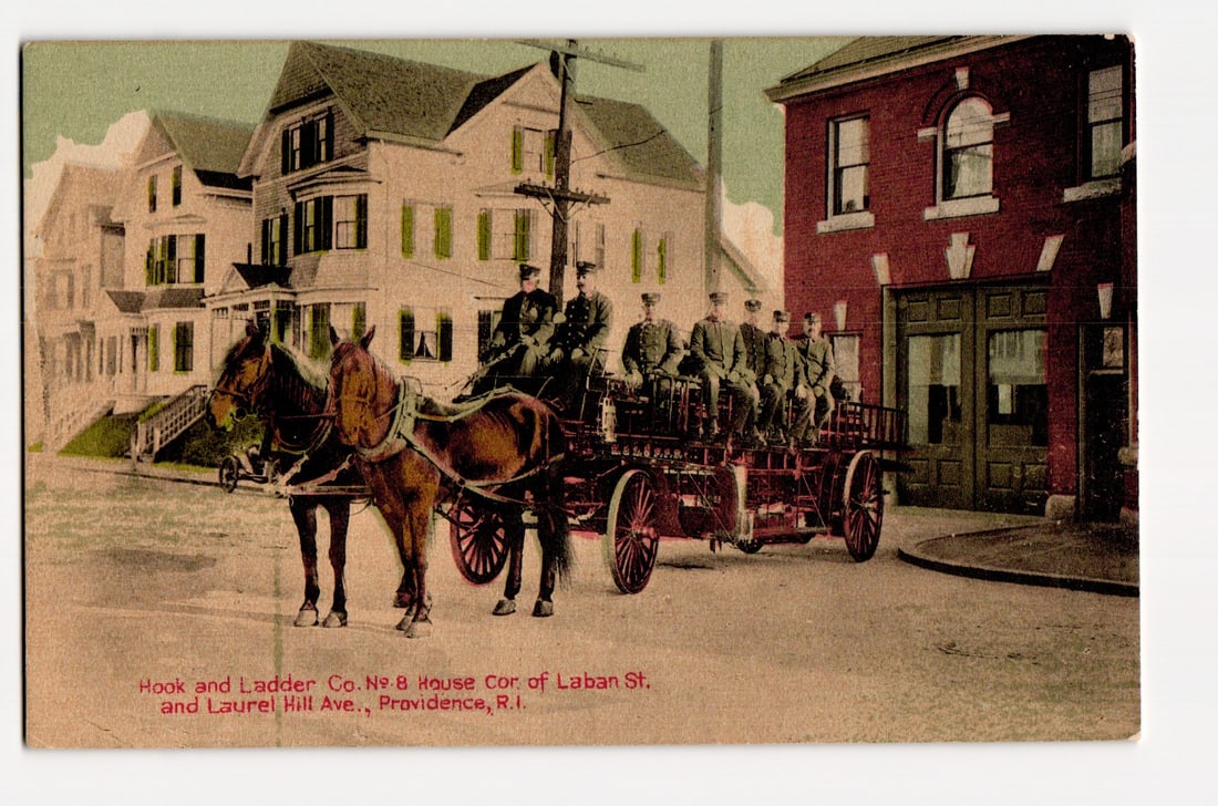 Providence, RI Hook & Ladder Co. No.8, 1902 Seagrave Truck, horse-drawn fire apparatus postcard (1 of 2)
