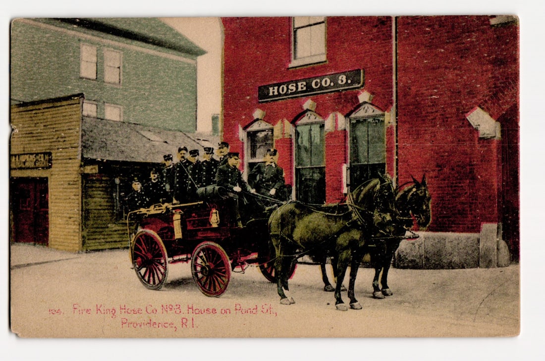 Fire King Hose Co. Nº3, Pond St., Providence, R.I., Horse-Drawn Wagon, c.1895 postcard (1 of 2)