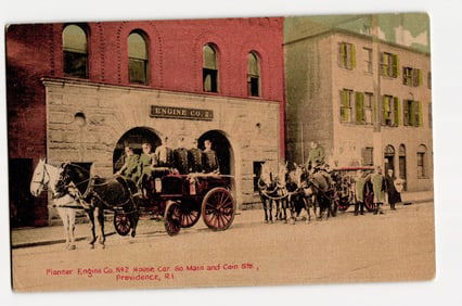 Pioneer Engine Co. No 2 House, So Main & Coin Sts, Providence, R.I. horse-drawn engines postcard