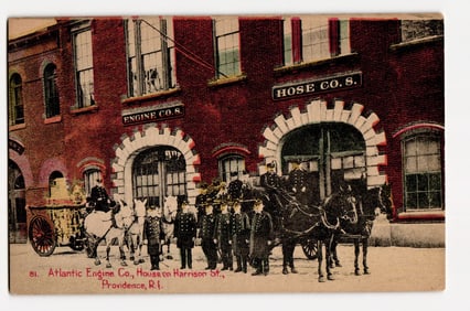 Providence, R.I. Atlantic Engine Co. No. 8, 1890s Horse-Drawn Fire Equipment Postcard