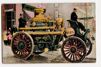Postcard: "Pride of HARTFORD" Steam Fire Engine with Firemen, Onlookers, Hartford Street Scene