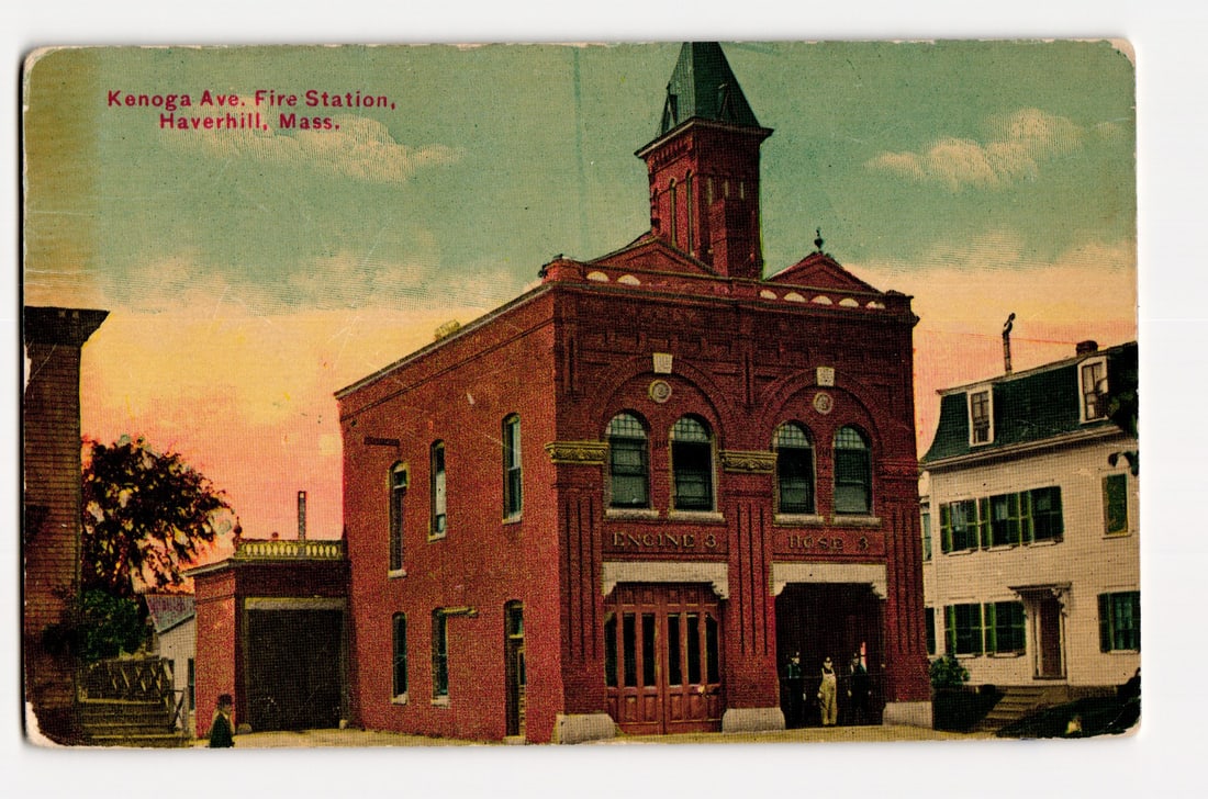 Kenoga Ave. Fire Station, Haverhill, Massachusetts, Early 20th Century Architectural Postcard: A colorized printed postcard depicting the Kenoga Ave. Fire Station in Haverhill, Massachusetts. The image shows a two-and-a-half-story red brick fire station with a central tower topped by a dark, po