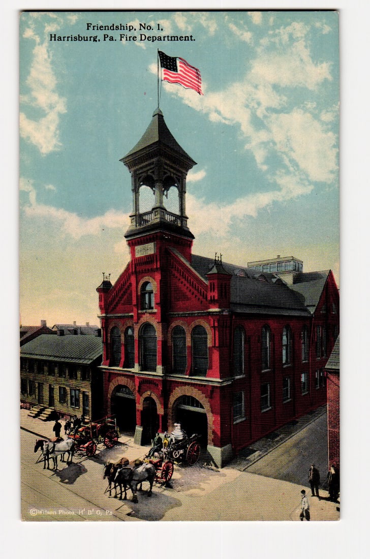 Harrisburg, PA: Friendship No. 1 Fire Department with Horse-Drawn Engines, Early 1900s Postcard (1 of 2)
