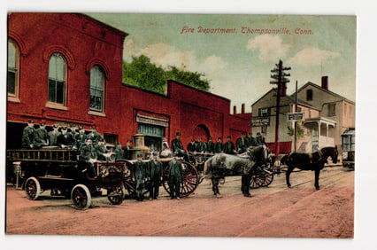 Fire Department, Thompsonville, Conn. with Firefighters, Apparatus, and Horses Postcard, c. 1911
