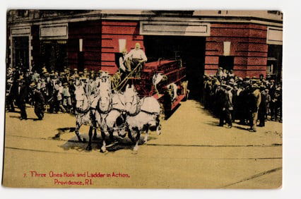 Providence, RI: Three Ones Hook and Ladder in Action, Horse-Drawn Fire Engine, Early 20th C.
