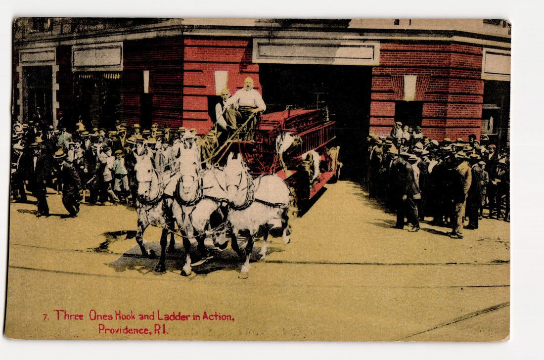 Providence, RI: Three Ones Hook and Ladder in Action, Horse-Drawn Fire Engine, Early 20th C. (1 of 2)