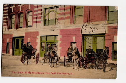 Providence Fire Dep't. Chiefs with Horse-Drawn Carriages, Rhode Island, c. 1908 Postcard