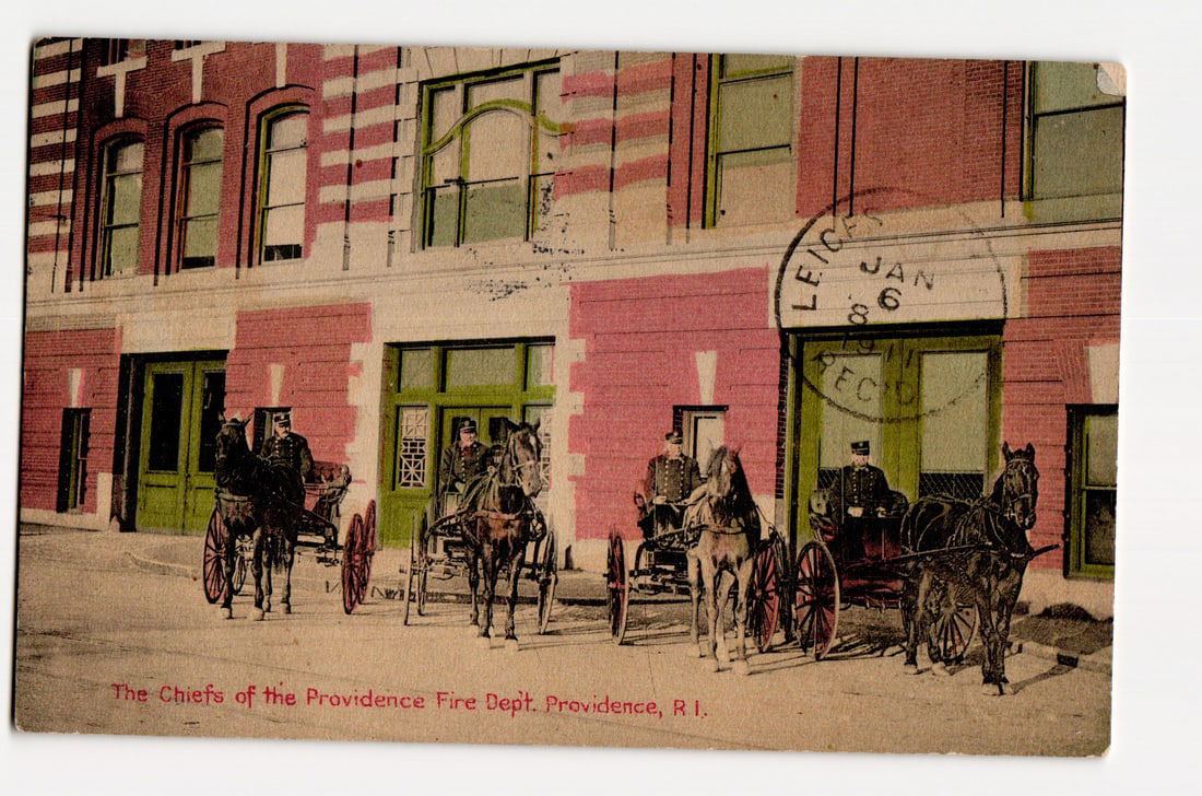Providence Fire Dep't. Chiefs with Horse-Drawn Carriages, Rhode Island, c. 1908 Postcard (1 of 2)
