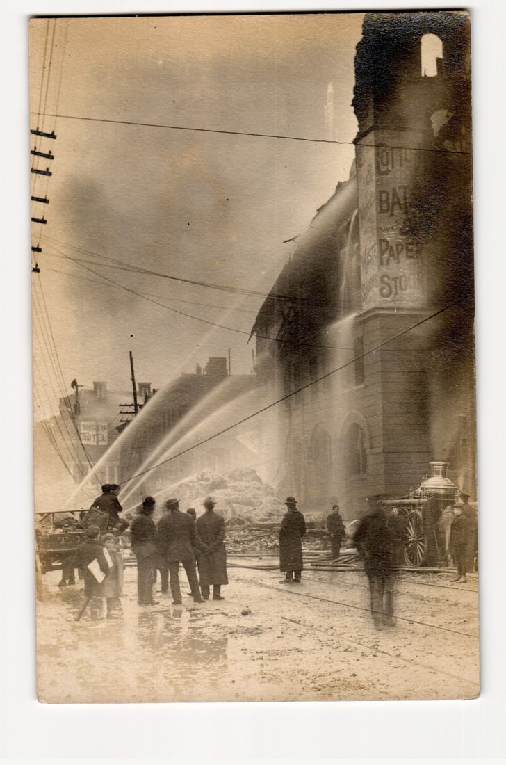 1915 Firefighters & Horse-Drawn Apparatus Battling Urban Building Fire, Real Photo Postcard (1 of 2)