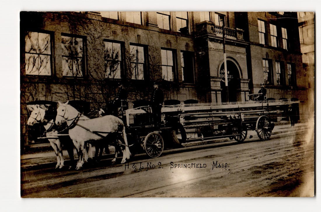 H & L No. 2 Horse-Drawn Fire Apparatus, Springfield, Massachusetts, Early 20th Century Postcard (1 of 2)