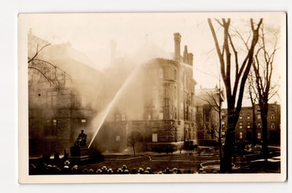 RPPC Gloversville, N.Y. Fire Scene: Large Stone Building with Smoke, Water Jet, Onlookers postcard