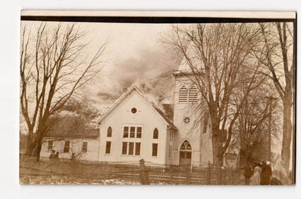 Early 20th C. Real Photo Postcard: Church Building on Fire, Spectators Gathered in Foreground