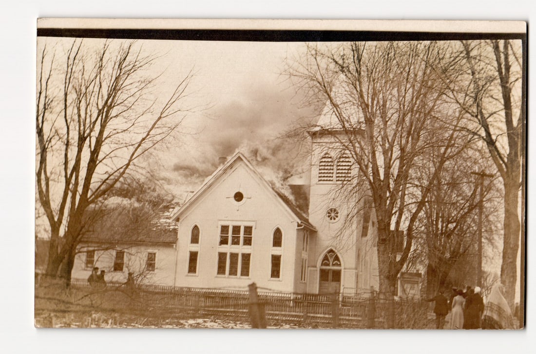 Early 20th C. Real Photo Postcard: Church Building on Fire, Spectators Gathered in Foreground (1 of 2)