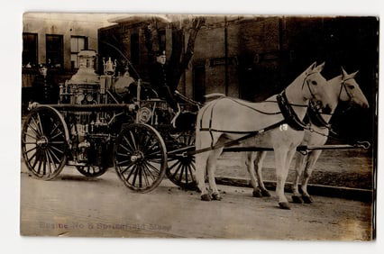 RPPC Postcard of Engine No. 8 Horse-Drawn Steam Pumper, Firefighters, Springfield, Mass., 1908