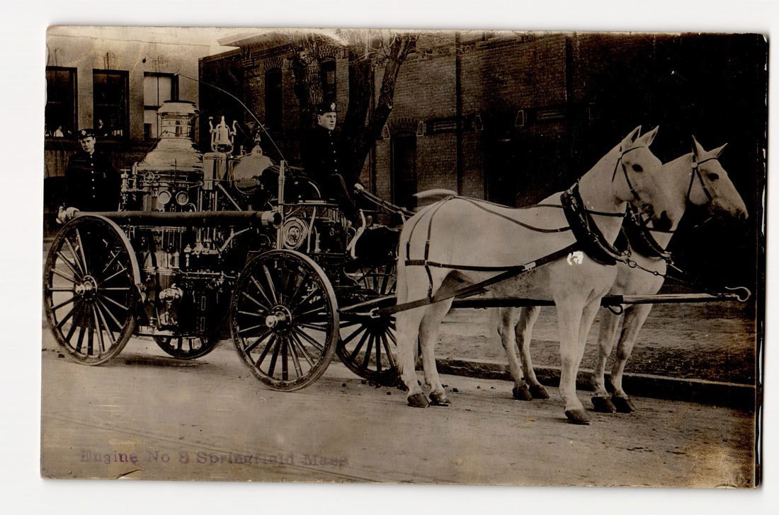 RPPC Postcard of Engine No. 8 Horse-Drawn Steam Pumper, Firefighters, Springfield, Mass., 1908 (1 of 2)