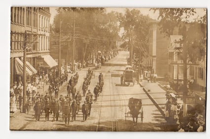 Early 20th C. Fire Department Parade on Elm Street, Westfield, MA. RPPC Postcard by W.J. Smith