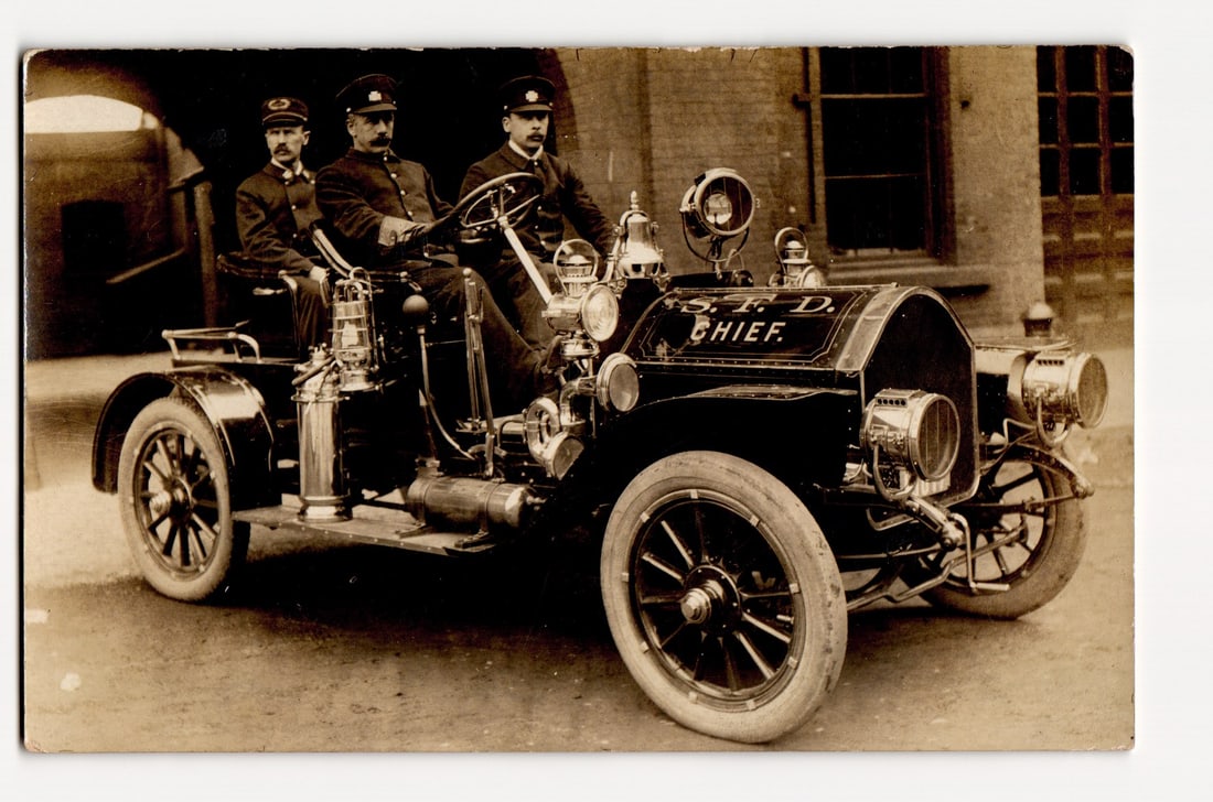 Real Photo Postcard of S.F.D. Chief and Two Firemen in an Early 20th Century Automobile (1 of 2)
