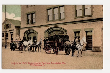 Providence, R.I. Engine Co No 22 Firehouse, Horse-Drawn Apparatus & Firemen Early 1900s postcard