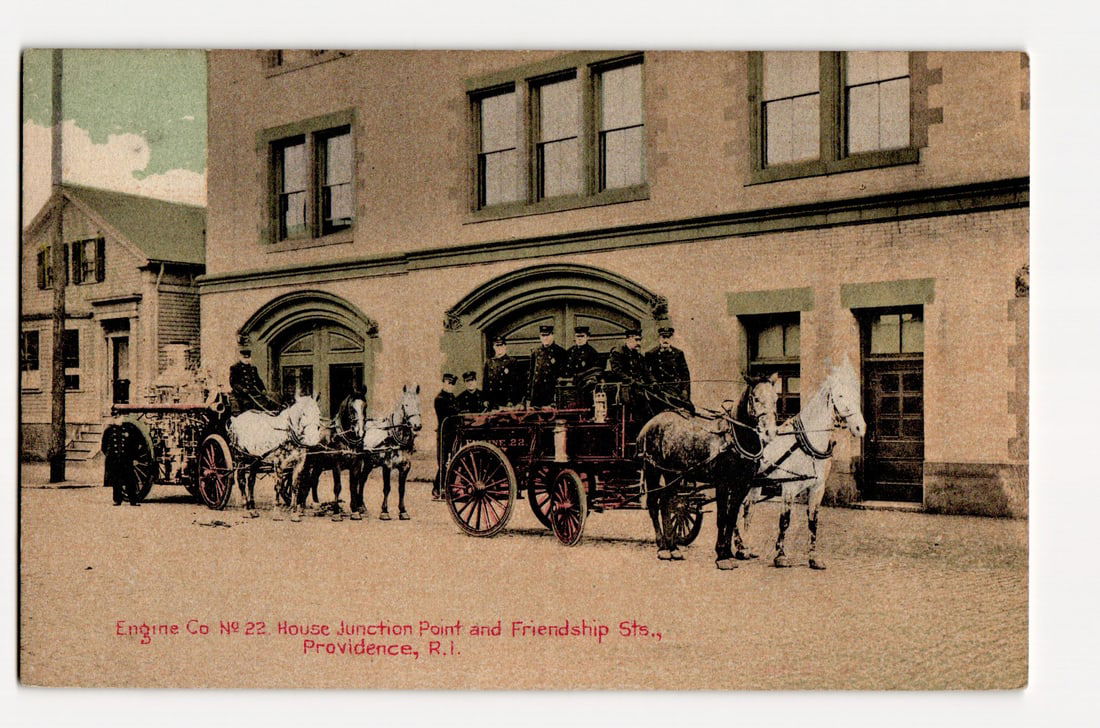 Providence, R.I. Engine Co No 22 Firehouse, Horse-Drawn Apparatus & Firemen Early 1900s postcard (1 of 2)