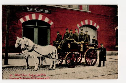 Providence, R.I. What Cheer Engine Co. No 15, Hose Co. 15, horse-drawn fire engine postcard
