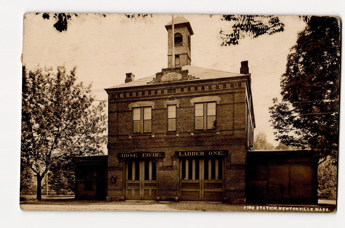 Real Photo Postcard of Fire Station, Hose Four and Ladder One, Newtonville, Mass. c. 1913 (1 of 2)