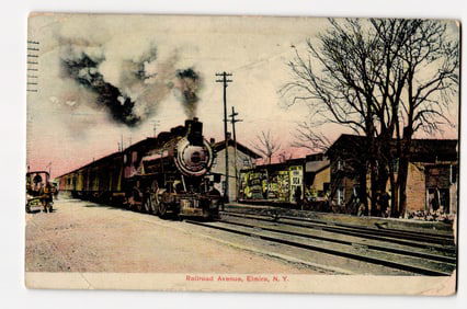 Railroad Avenue, Elmira, N.Y. Postcard: Steam Locomotive and Train at Station, circa 1911