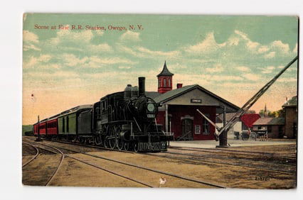 Erie R.R. Station, Owego, N.Y. with Steam Locomotive No. 519 and Station Building postcard