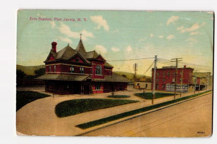 Erie Station, Port Jervis, N.Y. Railroad Depot & Adjacent Structures, Color Lithograph postcard