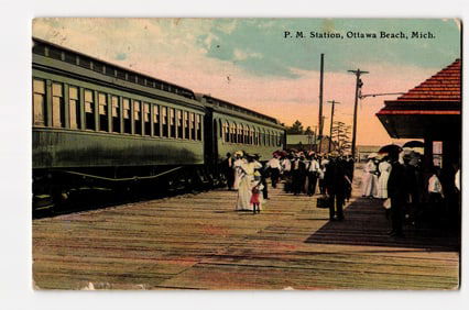 P. M. Station at Ottawa Beach, Michigan: Train and Crowded Platform Postcard, circa 1909