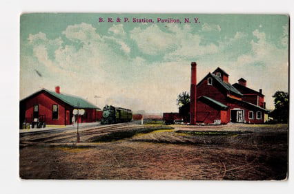 B. R. & P. Station, Pavilion, N.Y. - Railroad Depot & Train Engine View - Early 20th Century