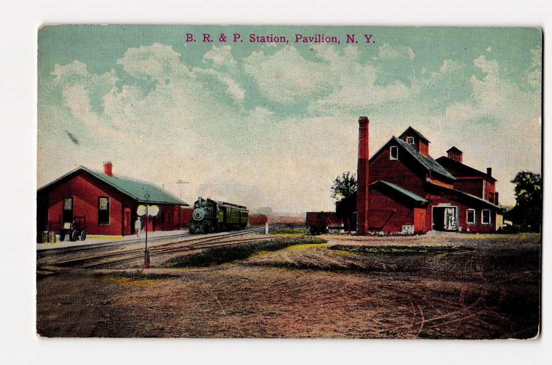 B. R. & P. Station, Pavilion, N.Y. - Railroad Depot & Train Engine View - Early 20th Century (1 of 2)