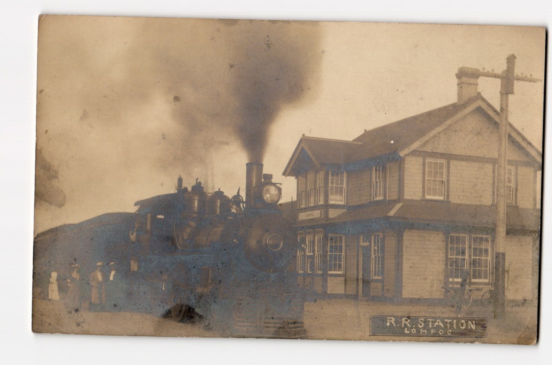 RPPC Steam Locomotive & R.R. Station Lompoc, Early 20th Century California Scene Postcard (1 of 2)