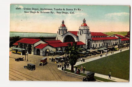 Union Depot, Atchison, Topeka & Santa Fe Ry., San Diego & Arizona Ry., San Diego postcard c.1922