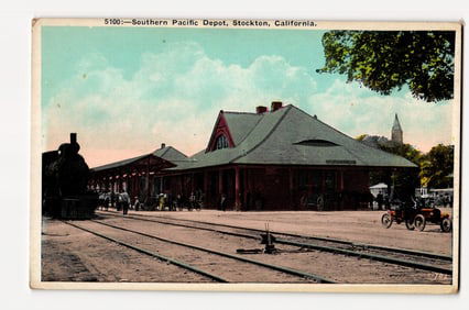 Southern Pacific Depot, Stockton, California with Locomotive and Automobile, Antique Postcard