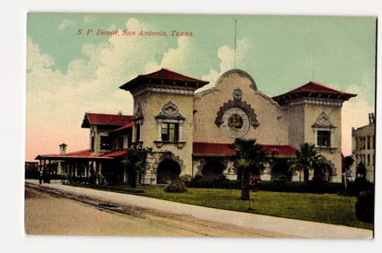 S. P. Depot, San Antonio, Texas. Architectural View by Nic Tengg, Publisher. Colorized Postcard.