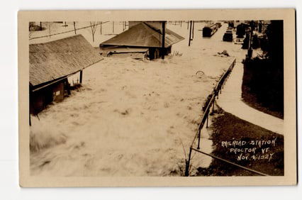 Proctor, VT Railroad Station Inundated by Floodwaters, Nov. 4, 1927 Real Photo Postcard