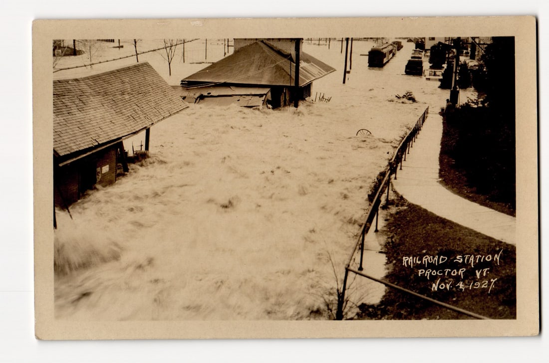 Proctor, VT Railroad Station Inundated by Floodwaters, Nov. 4, 1927 Real Photo Postcard (1 of 2)