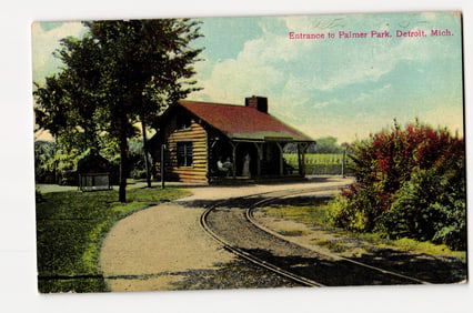 Postcard of Entrance to Palmer Park, Detroit, Mich. featuring Log Cabin & Railway, c. 1909