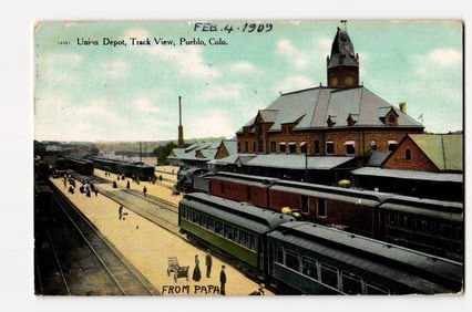 Union Depot Track View, Pueblo, CO, with Trains, People & Luggage Cart, 1909 Color Postcard