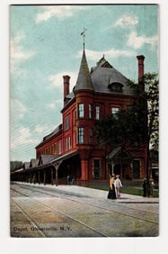 Depot, Gloversville, N.Y. Postcard; Exterior View of Brick Station with Figures, Circa 1906