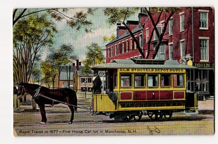 Antique postcard depicting Rapid Transit in 1877, the First Horse Car in Manchester, N.H.