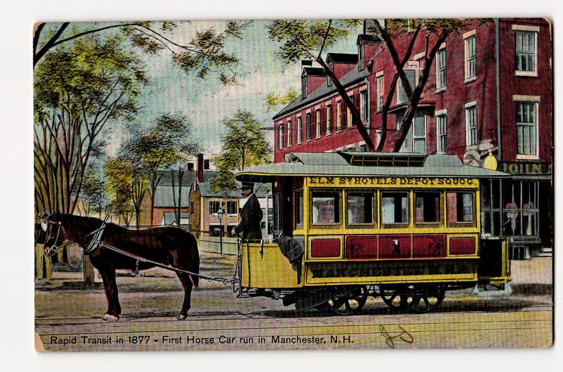 Antique postcard depicting Rapid Transit in 1877, the First Horse Car in Manchester, N.H. (1 of 2)