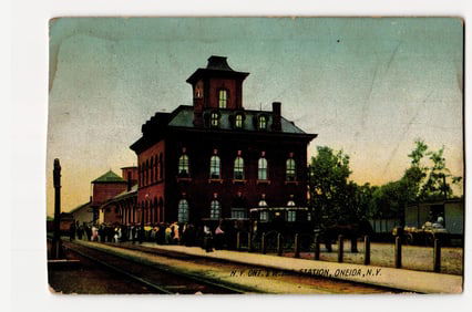 Postcard: N.Y. Ont. & W. R.R. Station at Oneida, N.Y., Colorized Exterior View, c. 1911