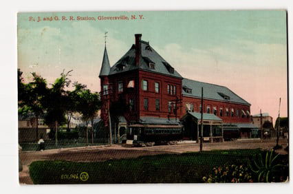 F., J. and G. R. R. Station with Trolley, Gloversville, N.Y. Early 20th Century Postcard.